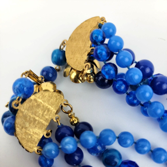 Vintage Blue Shades Bead Necklace 4 Strands Gold Tone Caps Graduated Round - Picture 6 of 12